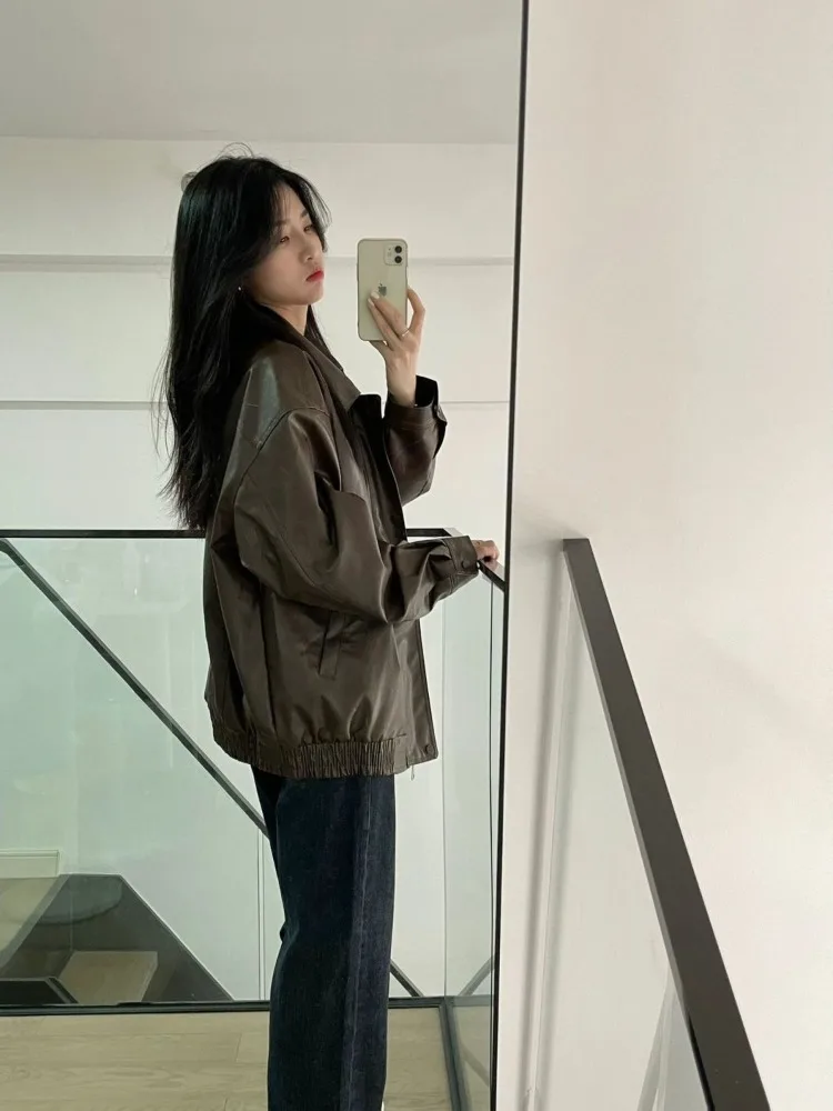Bruin Casual Moto Leren Jas Vrouwen Vintage High Street Fashion Leren Jas Vrouwelijke Losse Koreaanse Zomer Punk Stijl Jas Nieuw