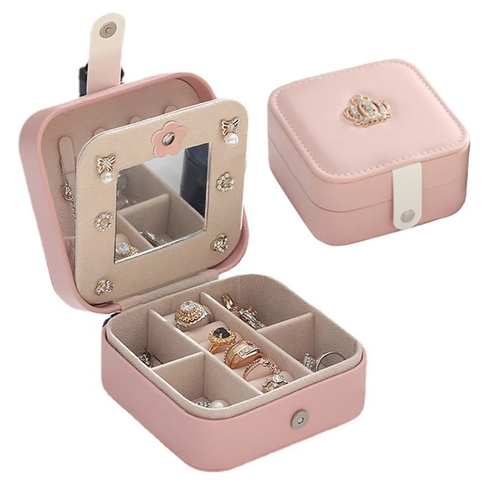 

Коробка для хранения ювелирных изделий из искусственной кожи, пылезащитная розовая витрина для ювелирных изделий, большая вместимость с зеркалом, портативный органайзер для ювелирных изделий