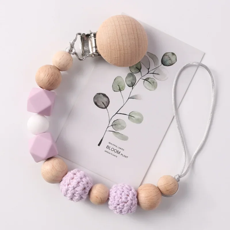 Baby Pacifier Clips Wood Silicone Crochet Beads Soothe Teethers Toy Dummy Nipple Holder Anti-drop Clip Chain Newborn Accessories