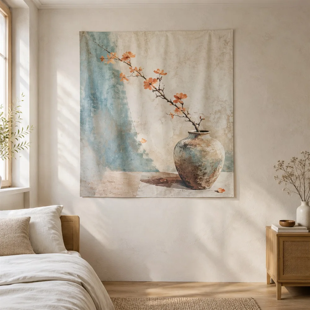 VIKAMA Clay Vase Still Life Diagonal Flow Tapestry Wall Hanging, Wabi Sabi Wall Art Tapestries for Bathroom Bedroom Living Room