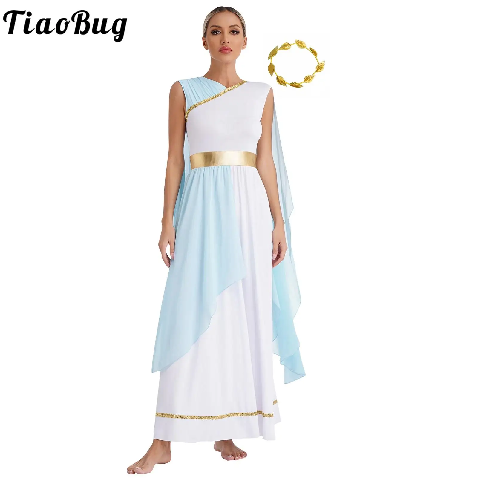 

Womens Greek Deity Dress Robe Halloween Costume Chiffon Toga Long Dress and Headwear Greece Roman Queen Role Play Dresses White