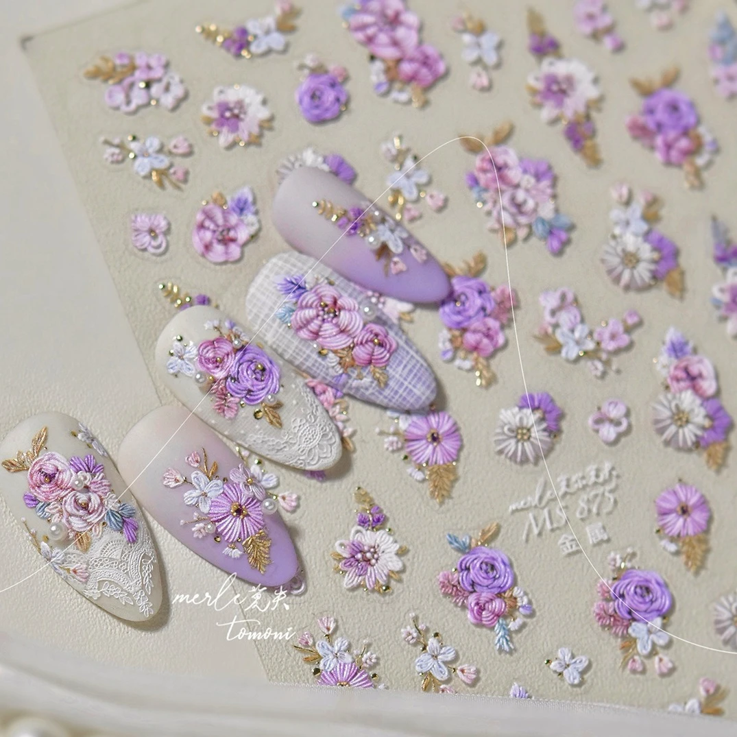 Classical Pink Blue White Embroidery Flower Bright-colored Blossom Geometry DIY Nail Art Stickers Chinese Style Manicure Decals