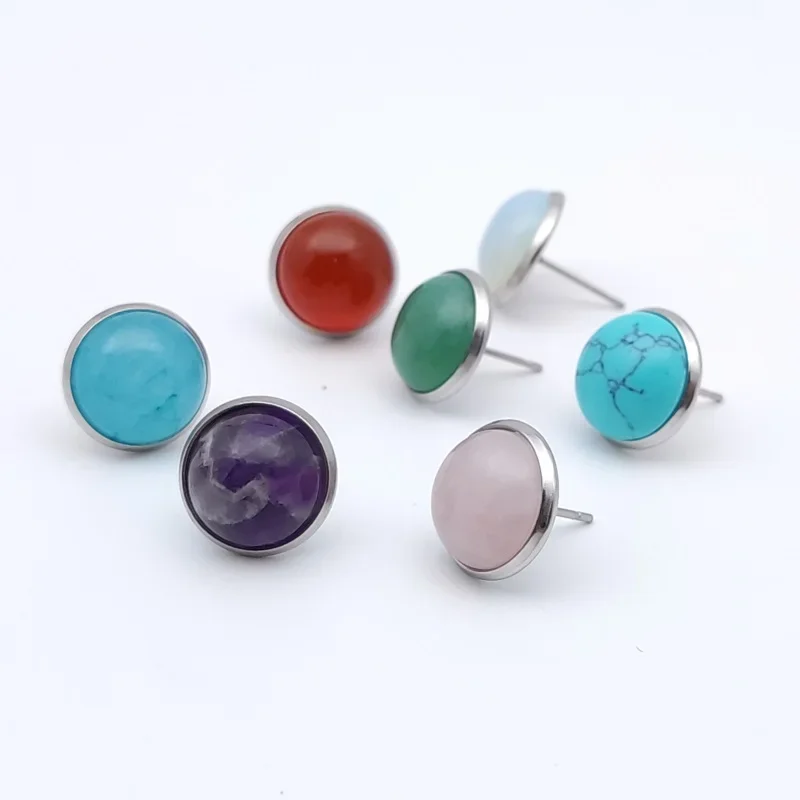 

10pairs Stainless Steel Stone Stud Earrings Tiger Eye Opal Pink Crystal Cabochon Earrings for Women Girl Jewelry