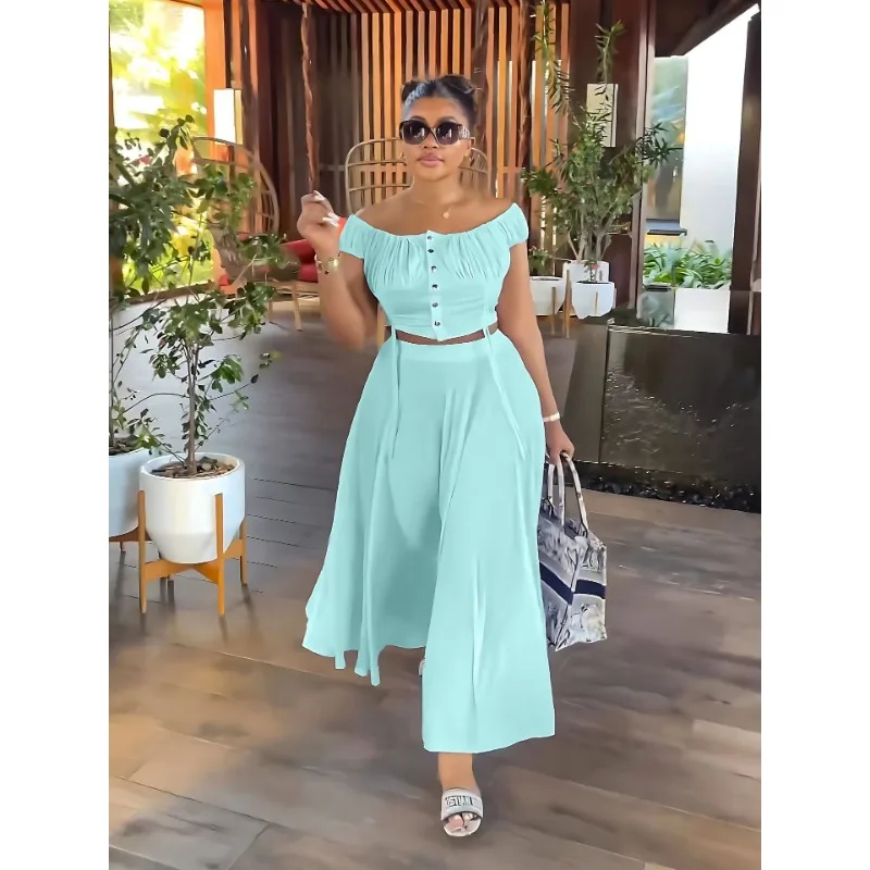 Short Top Draping Effect Long Skirt Fashion Suit Y2K Off-Shoulder Tshirts Top Women Big Swing Skirts Sets Two-Piece Sets Tshirts