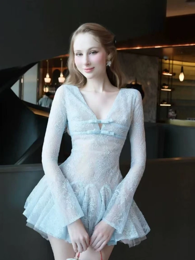 

Sexy Lace V Neck Bow Design A-line Dress Women Long Sleeves Sheer Lace Patchwork Mini Dresses Evening Party Cocktail Gowns