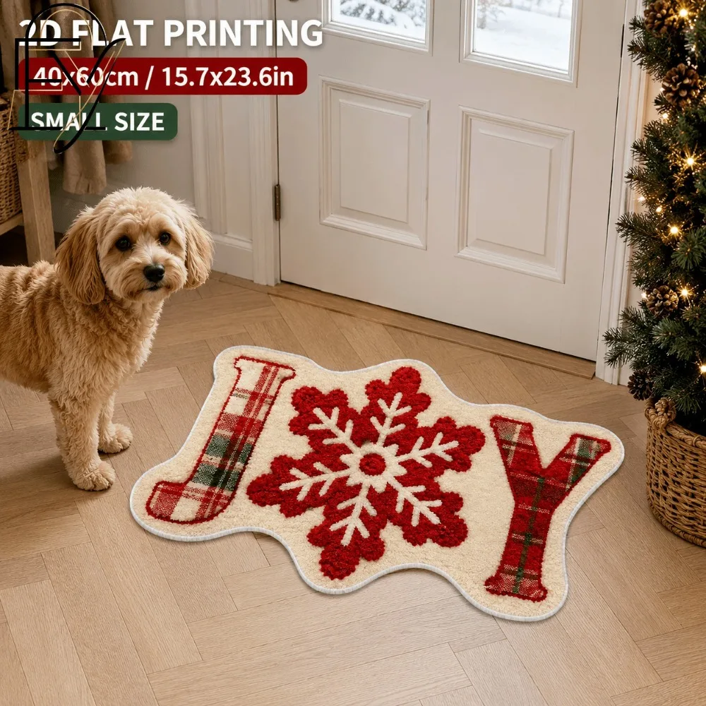 Shaped Area Carpet Flannel Christmas JOY Lettering Plaid Snowflake Bath Mat Shower Door Entrance Holiday Floor Rug