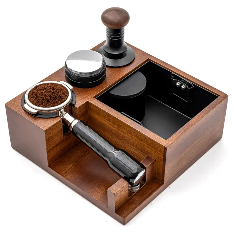 Spring-Loaded Square Container Coffee Tamper Stand: Double-Layer Wooden Coffee Ground Dispenser, Universal Filter Cup
