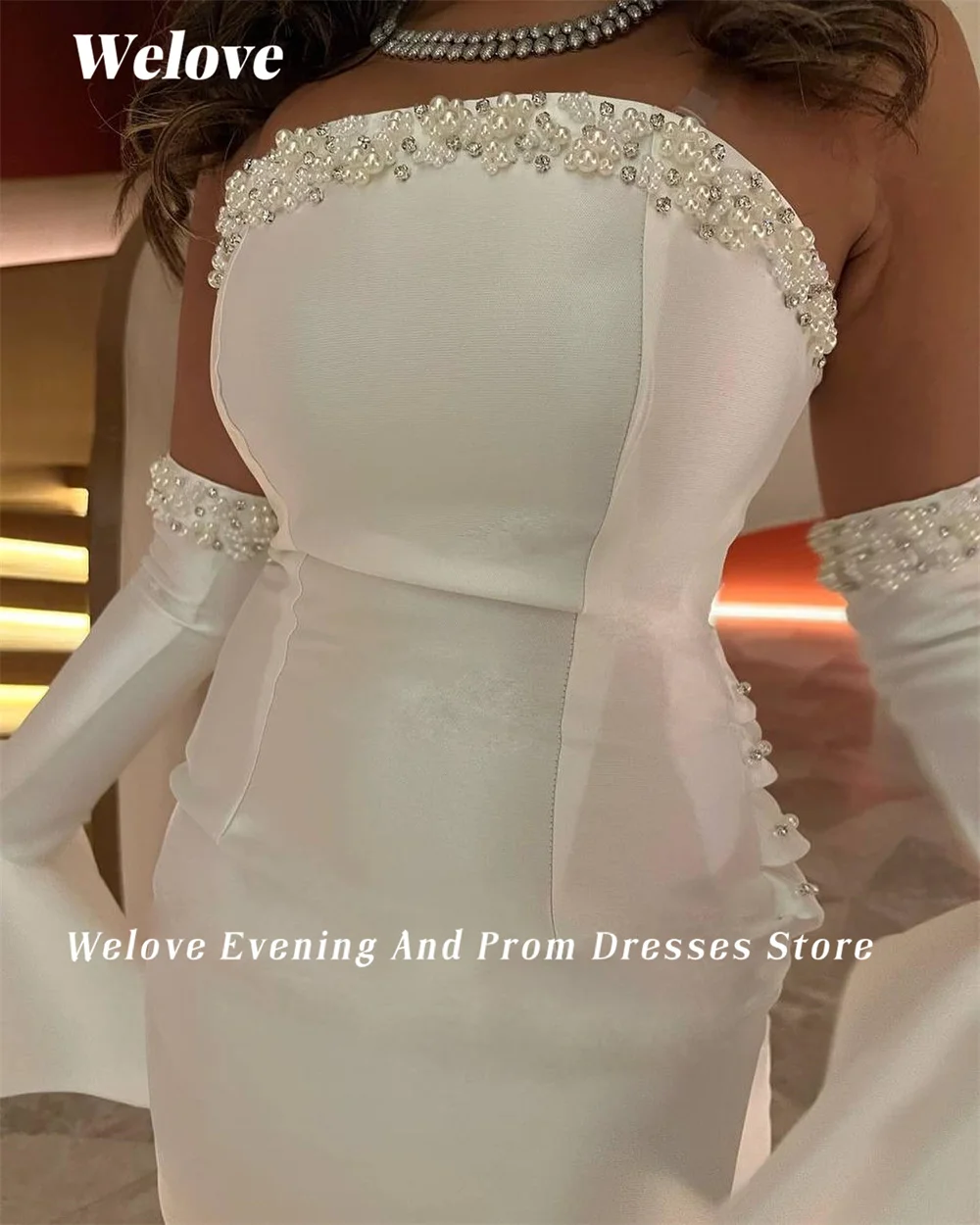 Welove Pearls Strapless Women Evening Party Dresses with Overlay Meimaid Ankle Length Beaded Prom Gown New 2023