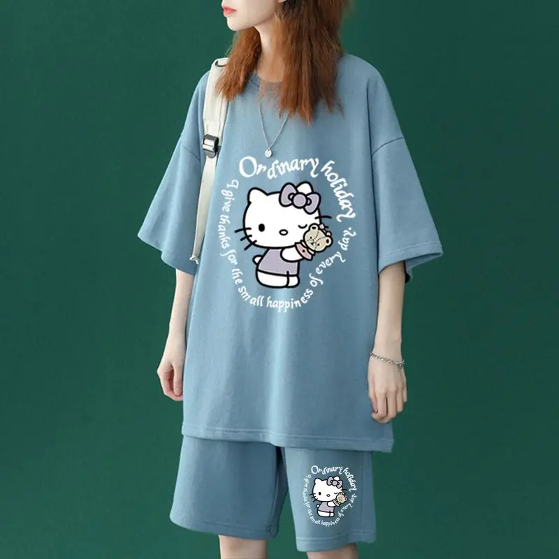 

Sanrio Women's Pajamas Spring/Summer Hello Kitty Printed Casual Sports Wide Leg Shorts Home Clothes Two Piece Set