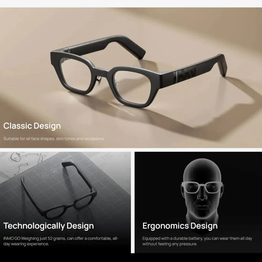 INMO Go Translation AR Smart Glasses Wireless AI Assistant Glasses Live Guide Music/Call / Teleprompter Travel Glasses
