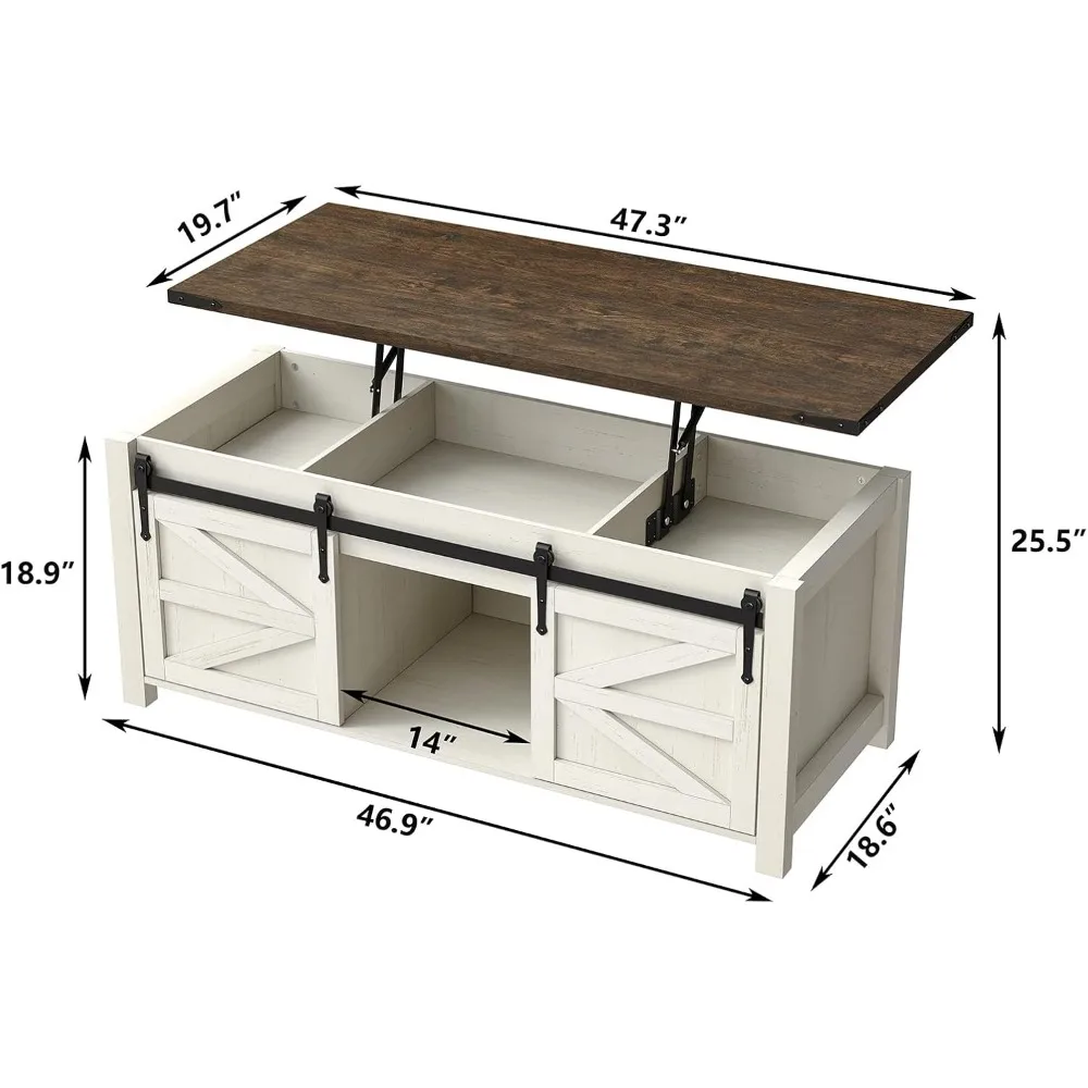 47.3'' Lift Top Coffee Table with Storage, Modern White Coffee Table with Sliding Barn Doors, Farmhouse & Rustic Rectangle Cente