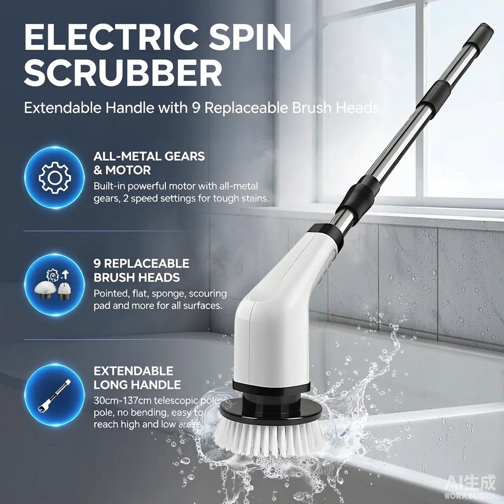 Cordless Electric Spin Scrubber Rechargeable Power Cleaning Brush with 3 or 9 Replaceable Brush Heads Powerful Motor Metal Gear System Extendable Rod Adjustable Handle for Bathroom Kitchen Car Tile Floor Bathtub Shower Grout Sink and Wall Cleaning Tool