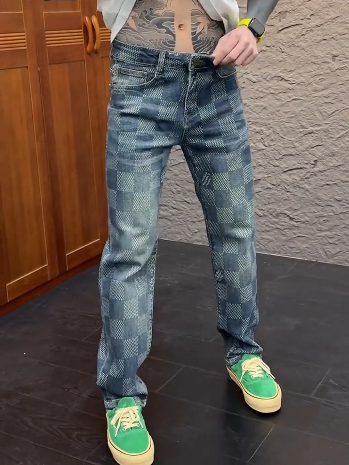 

Высококачественные мужские повседневные модные джинсы с узором, весенне-осенние, прямого кроя, для делового стиля