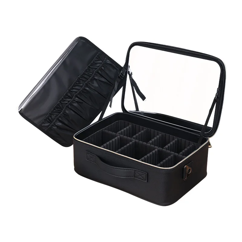 New cosmetic bag heightened with mirror large capacity satchel satchel beauty cosmetics partition storage box black