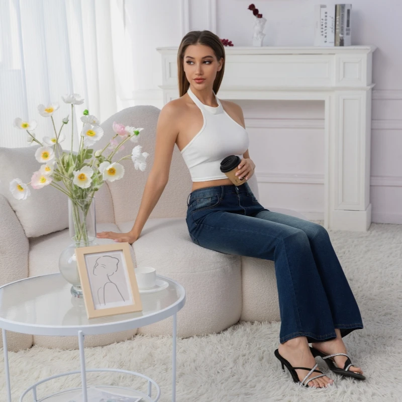 Y2k جينز نسائي جديد متوسط الخصر متوسط أزرق متوهج بنطلون جينز عتيق على الموضة من قماش الدنيم جينز فضفاض #5