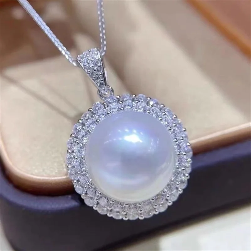 مصمم ضخم AAAA + 13-14 مللي متر أكويا الطبيعية اللؤلؤ الأبيض قلادة قلادة 18 "925 الفضة