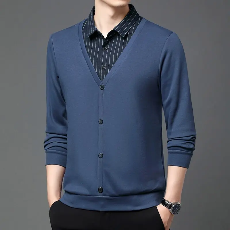 Fake Two Pieces Turn-down Collar Men's Pullover Button Long Sleeve Contrast Color Striped Patchwork Formal T-shirt Business Tops