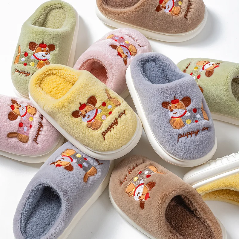Cute Dog Cartoon Slippers for Boys Girls Winter Warm Cotton Shoes Anti-slip Soft Sole Indoor Home Slippers