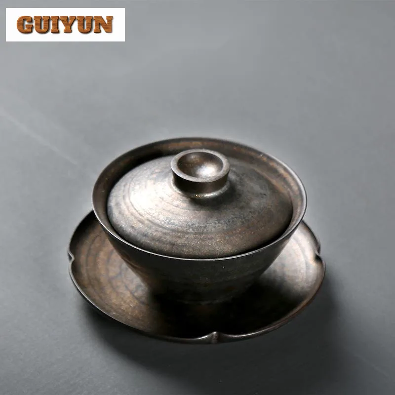 150ml Handmade Gold-plated Gaiwan Traditional Iron Glazed Coarse Tea Tureen Tea Maker Cover Bowl Teaware Accessories Decoration