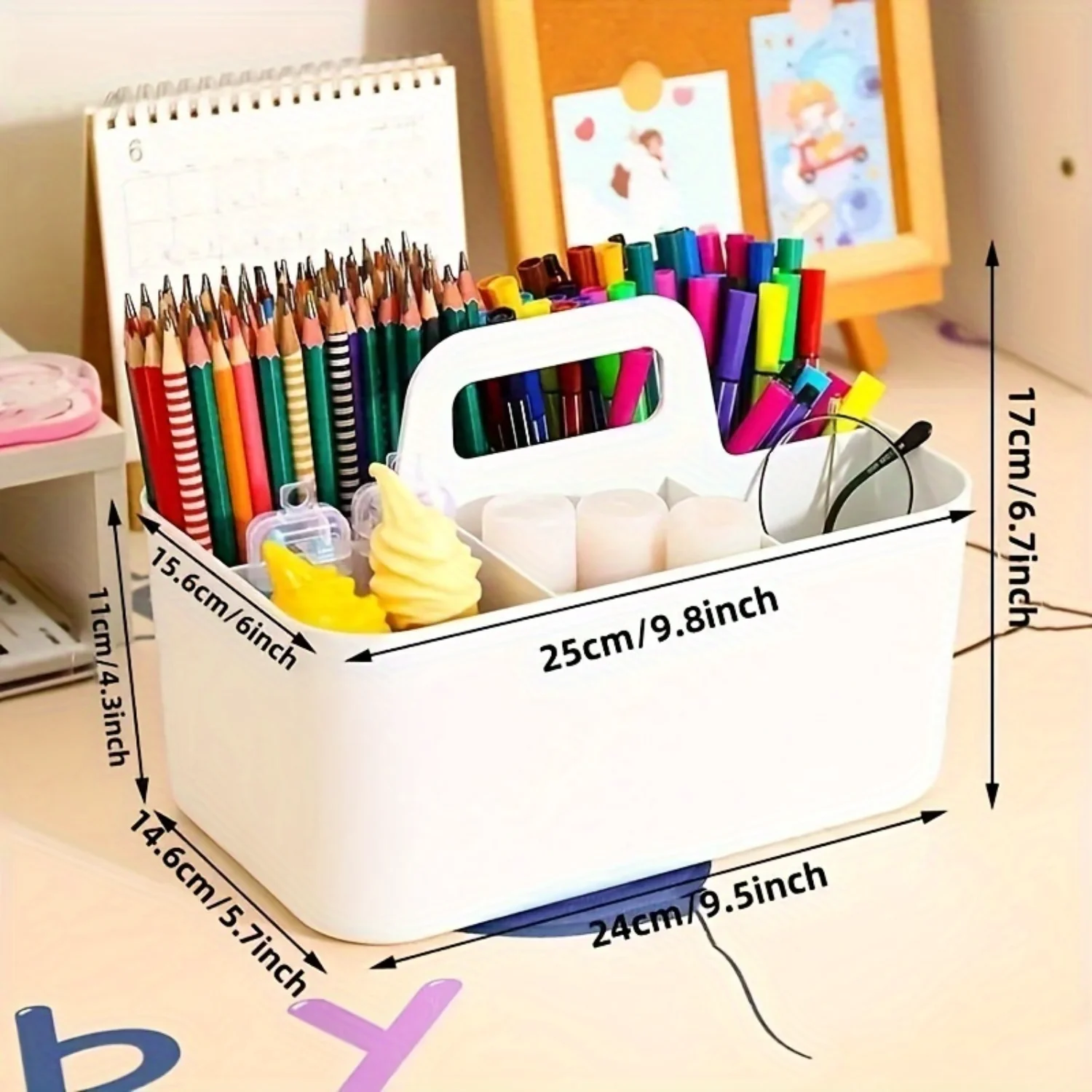 1pc Plastic  Basket With Handle, Portable Pencil Pen Stationery  Box, Office Desktop Sorting Organizer With 5 Compartments