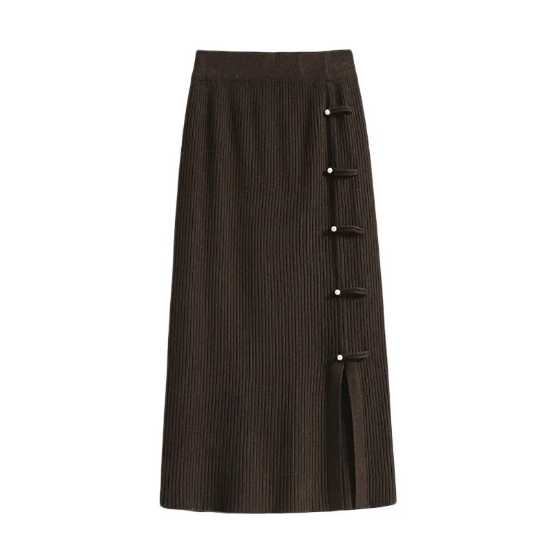 

Autumn Winter Mid-Long Pure Colour Knitted Skirt Women 2024 New Loose Fashion Coil Buckle High Waist Split A-Line Skirts Female