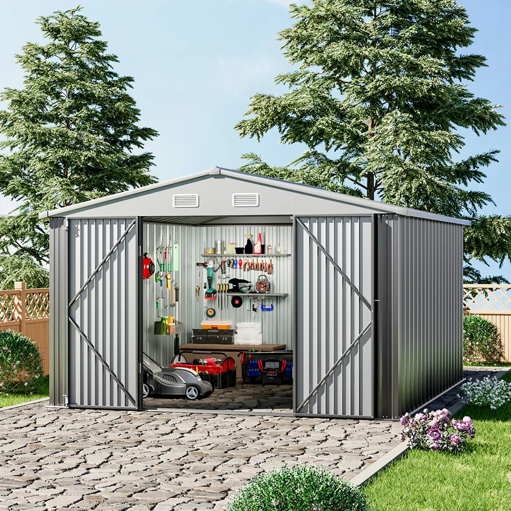 【Breeins】10 x 10 FT outdoor metal storage shed with floor frame base, galvanized steel garden shed with 4 ventilation openings