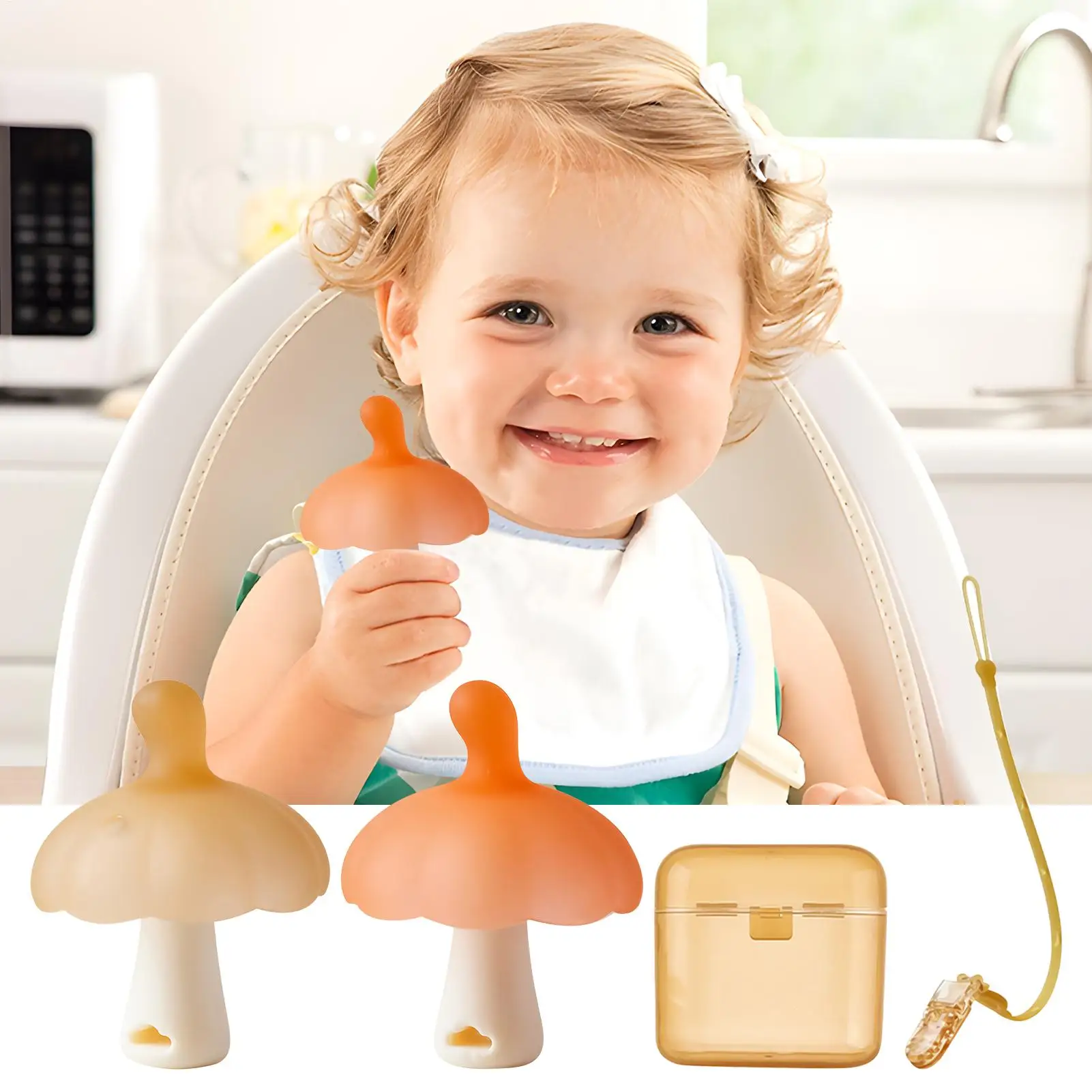 

Mushroom Silicone Baby Ring Teether with Adjustable Strap Anxiety Teething Toys 0-12 Months Chew Beads Sensory Gum Relief Sooth