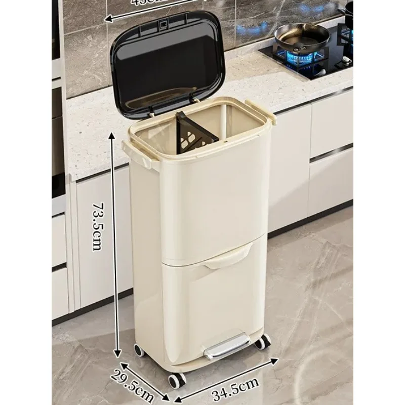 for Double Layer Kitchen Trash Can Dry Wet Separation Foot Pedal Press with Wheels Luxury Waste Bin