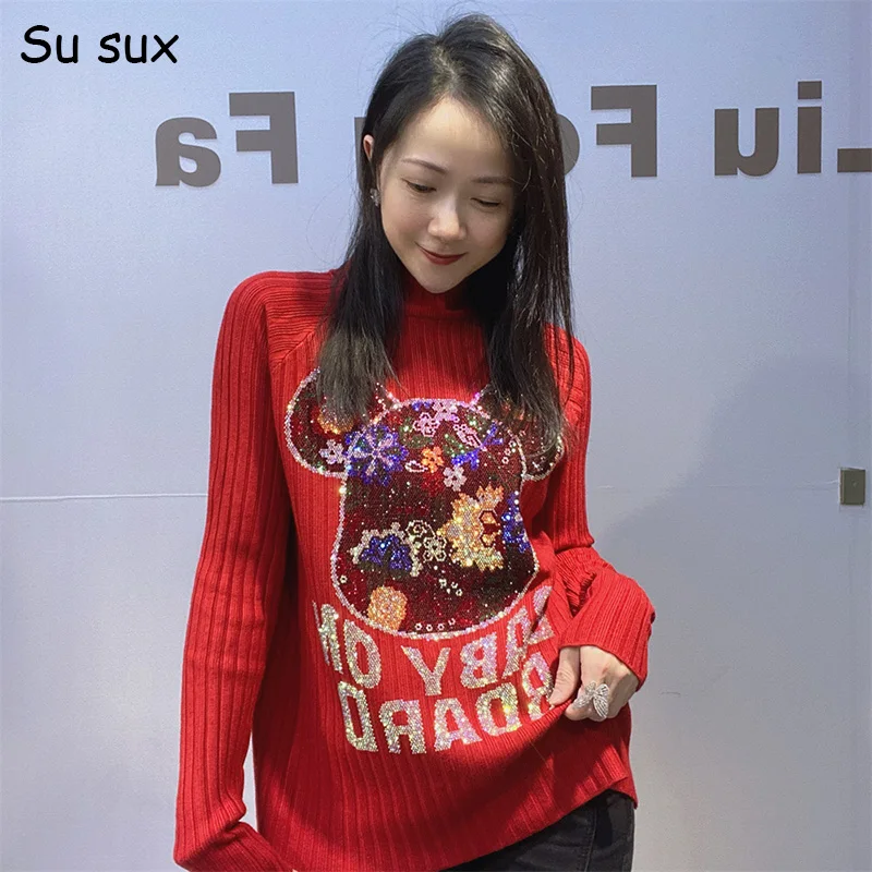 

Sequins Cartoon Bear Knitted Mock Neck Pullover Sweater High Elastic Tops For Woman Autun Winter Innerwear Casual Knitwear