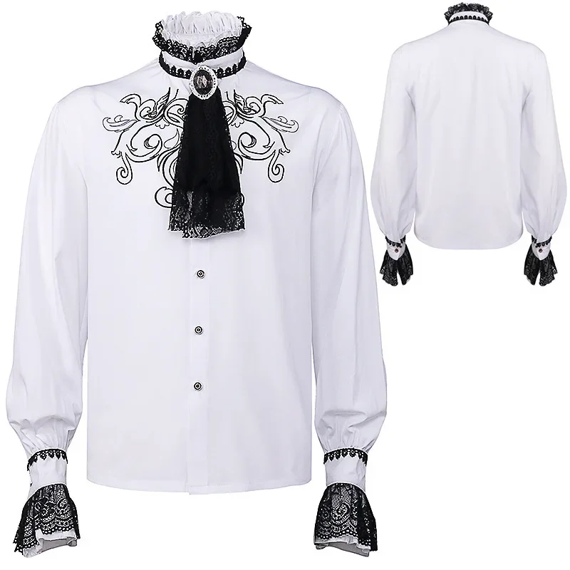 Men's Halloween Medieval Shirts Turtlenecks Vintage Bandage Victorian Ruffles Gothic Male Jabot Blouse Tops Groom Casual Outfit