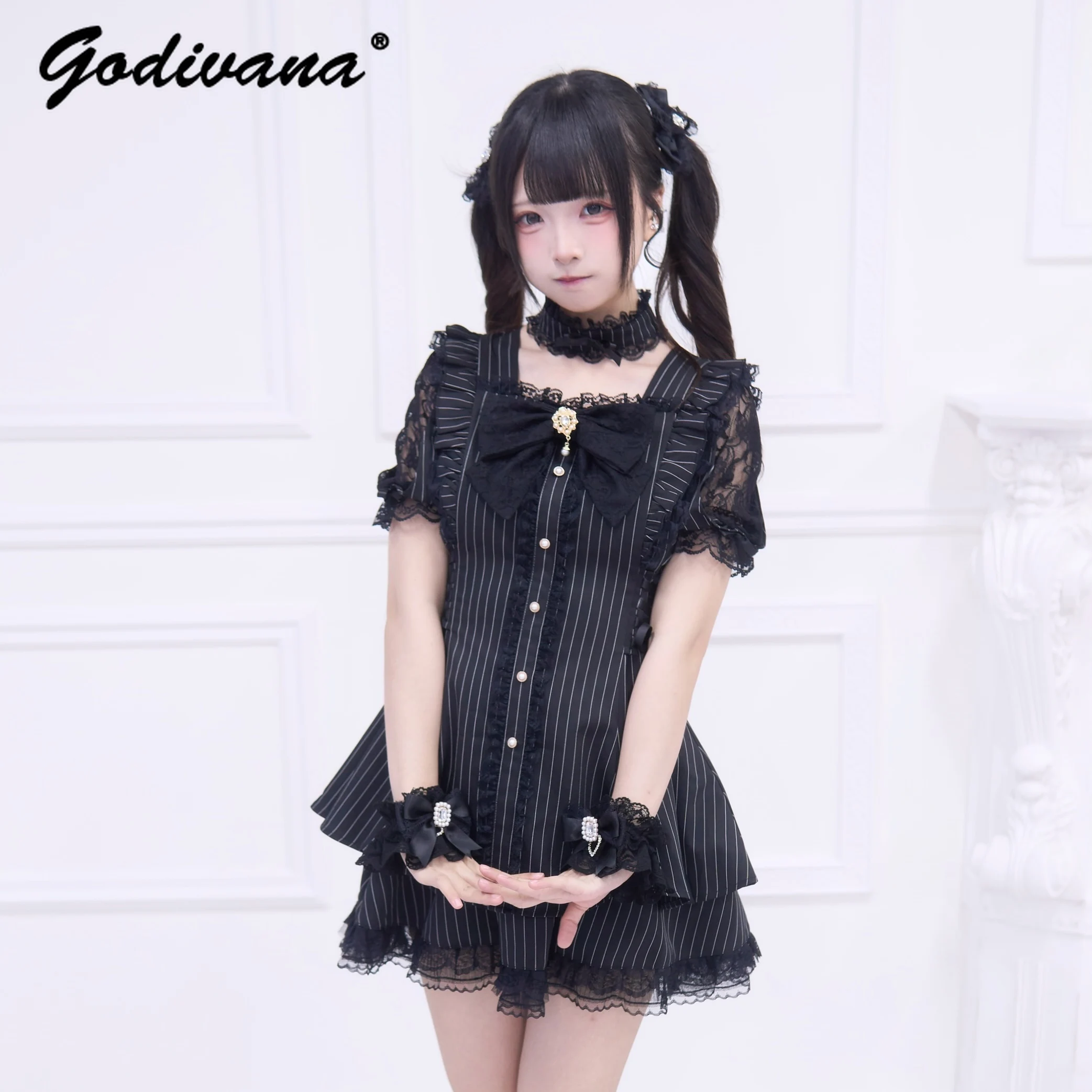 Original Japanese Mine Mass-produced Dress and Shorts Set New Summer Girl Women's Choker Lace Short Sleeve Shirt Dress Shorts