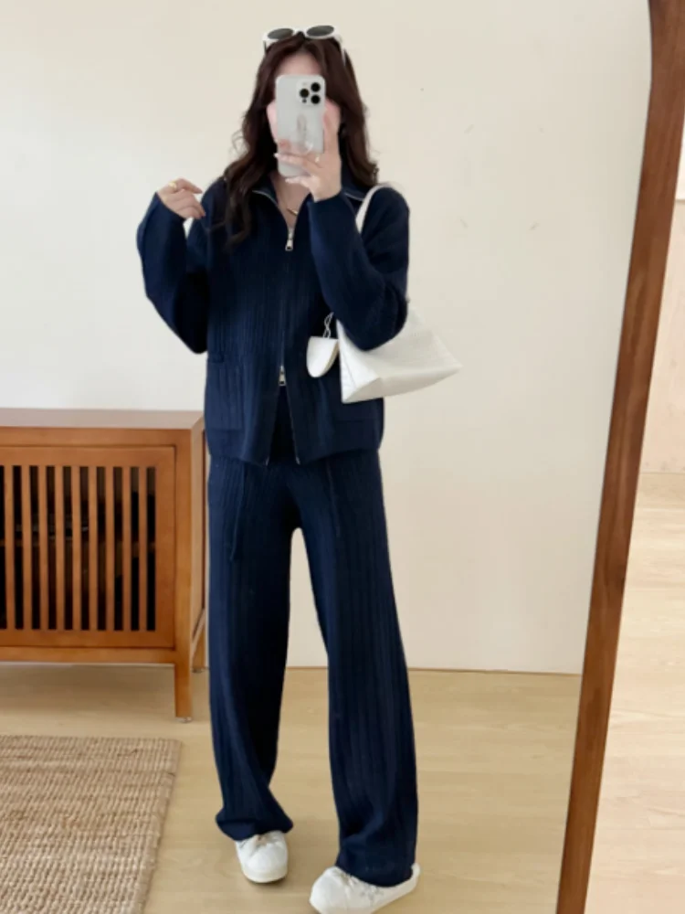 SMTHMA 2025 Nieuwe Herfst Winter Rits Kraag Zachte Gebreide Trui Tweedelige Set Casual Lange Broek 2-delige outfits