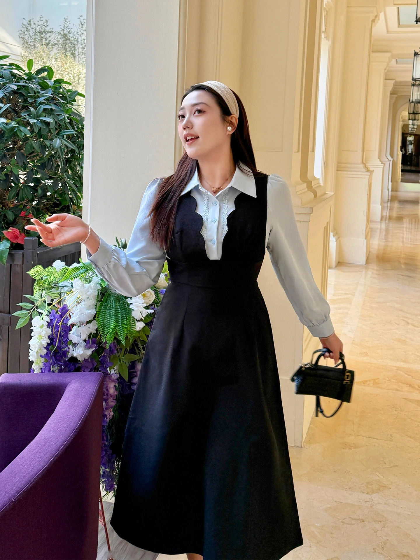 

plus Size Women's irt Dr Patchwork Long Sve Design High Waist A-Line Skirt Slimming Fake Two-Piece Spring Casual Wear