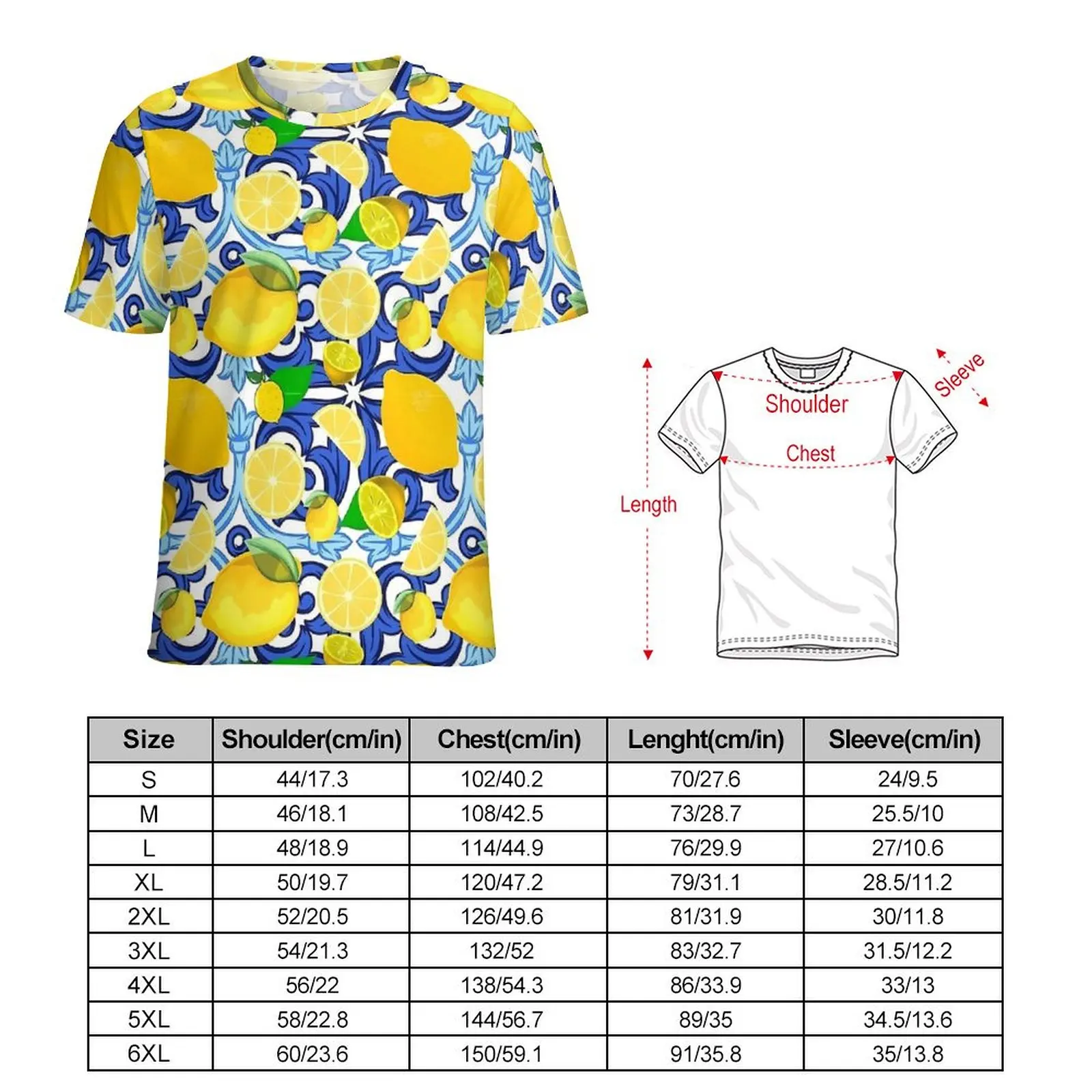 Oversize T-Shirt Beach Yellow Lemon T Shirts Blue And White Tile Casual O Neck Tshirt Male Hippie Graphic Clothing