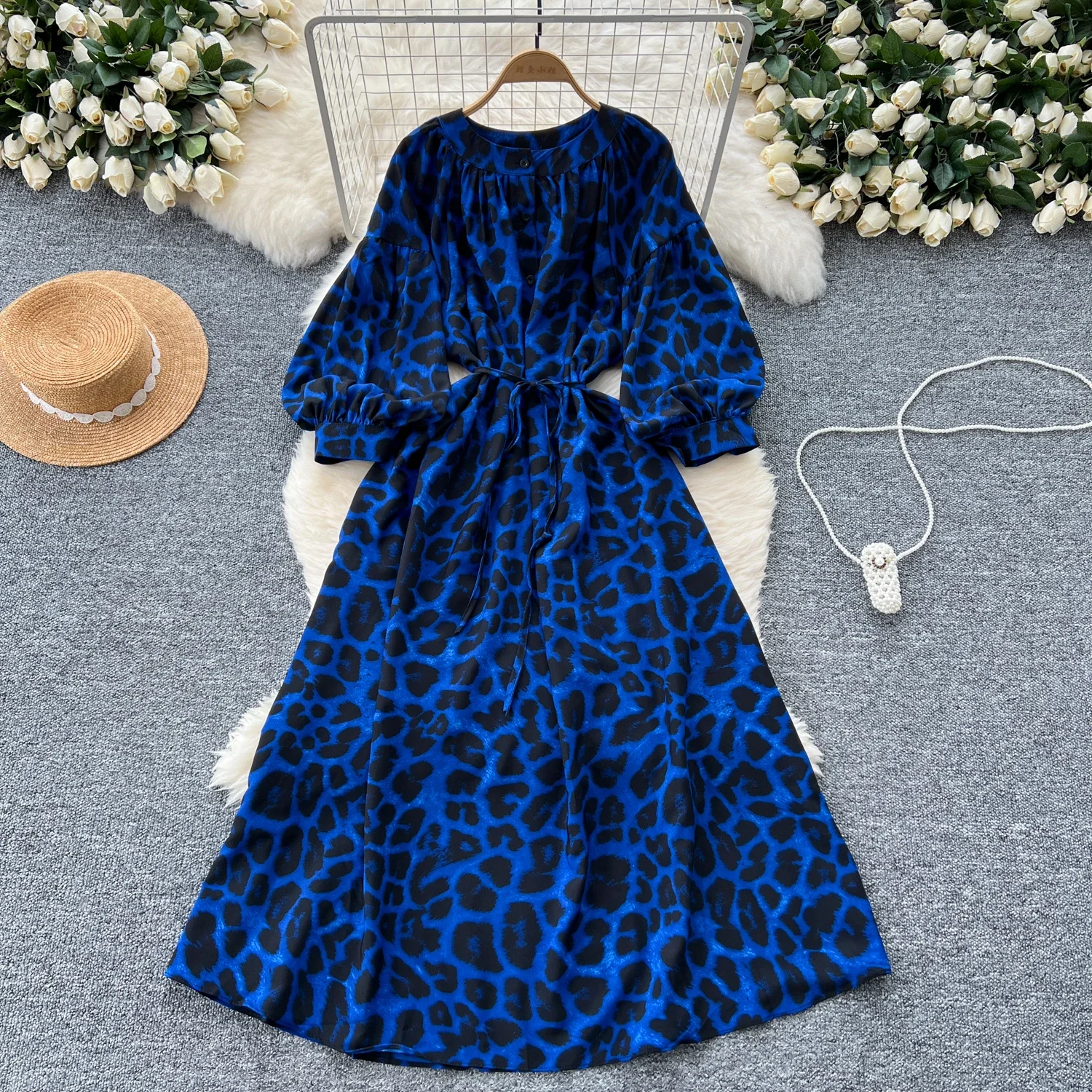 French Retro Lace Up Lantern Long Sleeve O Neck Print Dress Chic Fashion Ceremonial A-line Women Dress