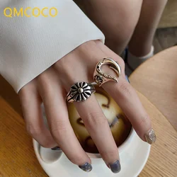 QMCOCO Silver Color Rings New Fashion Creative Punk Flower Rings Vintage Party Jewelry Gifts For Women Delicacy Accessories