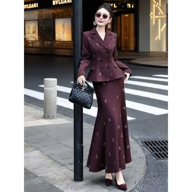 Two Piece Set of High-end Spring and Autumn New Socialite Temperament High-end Printed Waist Cinched Fishtail Skirt