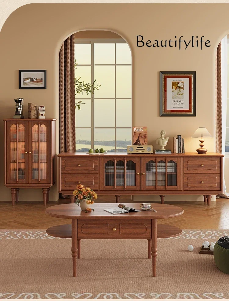 

retro medieval style solid wood coffee table TV cabinet combination American retro home tea table locker