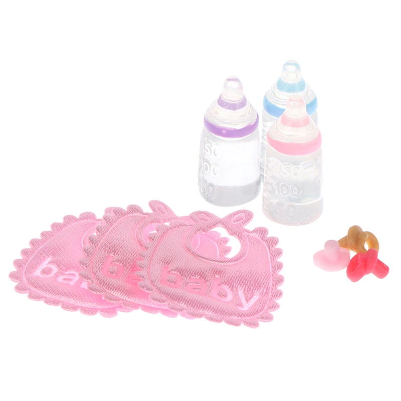 1set 1:12 Dolls House Miniature Baby Bottles Shampoo Bibs Set Nursery Accessory Gift Baby Bottles Set