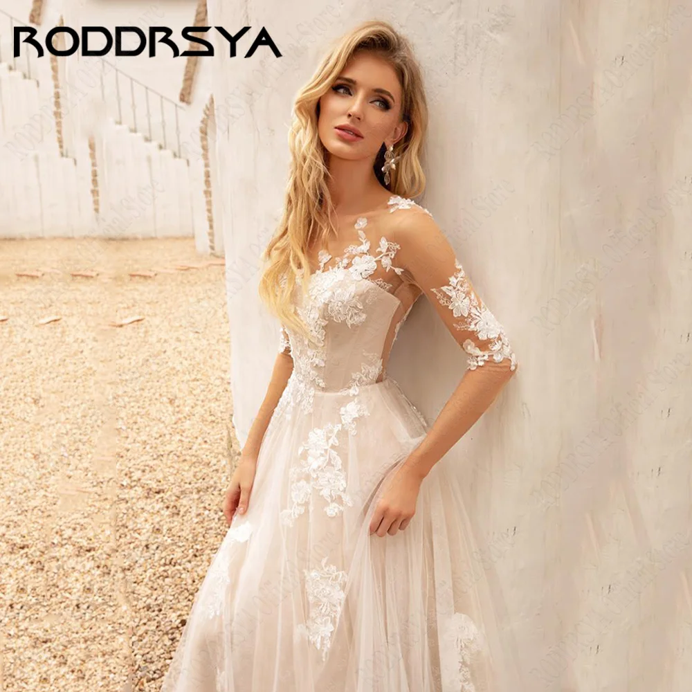 RODRSYA Luz Champagne Vestido de Noiva 2024 O-Neck 3/4 Mangas Ilusão Noiva Vestidos de RODDRSYA Luz Champanhe Vestido De Noiva 2024 O-Neck 3/4 Mangas Ilusão Noiva Festa Vestidos Applique A-Line Moderno roupão de mariée