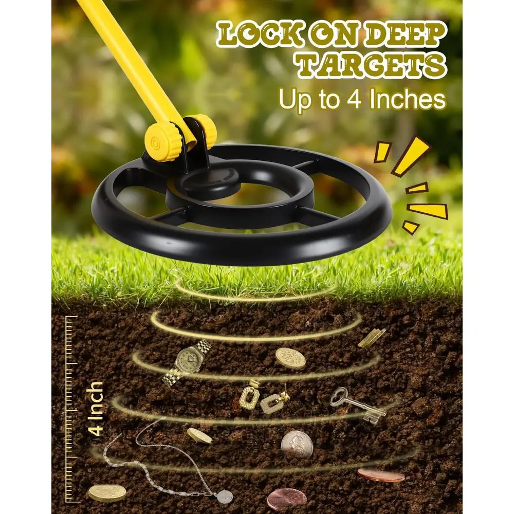 كاشف المعادن للأطفال، ملف بحث 7.4 بوصة مع شاشة LCD، كاشف ذهبي مقاوم للماء، خفيف الوزن 1.1 رطل، قابل للطي من 24 بوصة إلى 35 بوصة