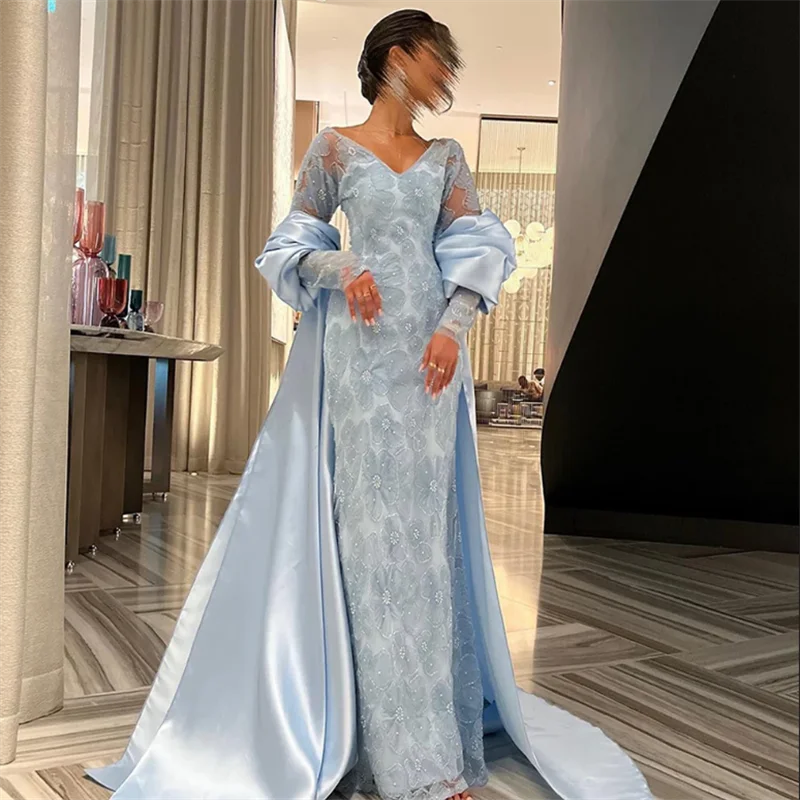 Robe de soirée saoudienne personnalisée, élégante, col en V, manches longues, perles, robe de bal arabe, robes de fête de mariage avec Cape