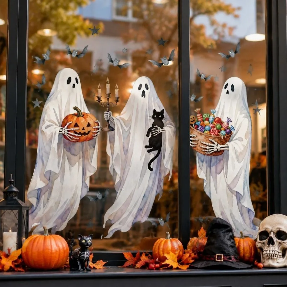 Multicolor Halloween Decoration Sticker Cartoon Ghost Bat Star Window Clings Film Black Cat Pumpkin Electrostatic Static Sticker