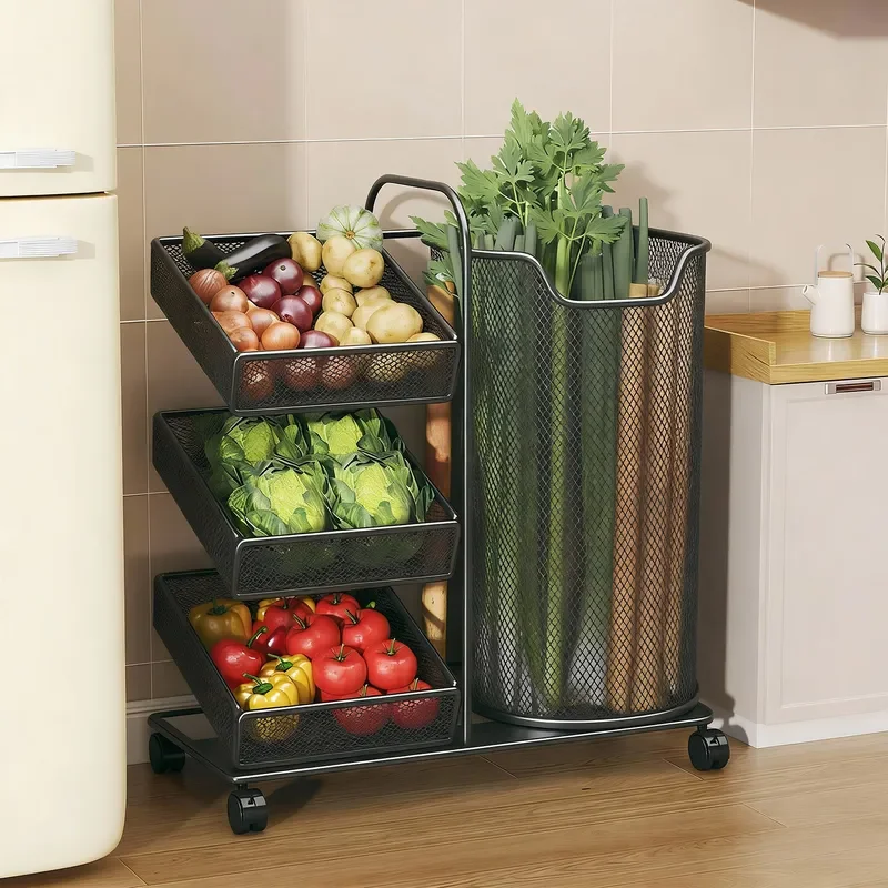 For Kitchen Onion Ginger Garlic Rack Floor Standing Movable Fruit Vegetable Layered Storage Shelf Household Multi Functional