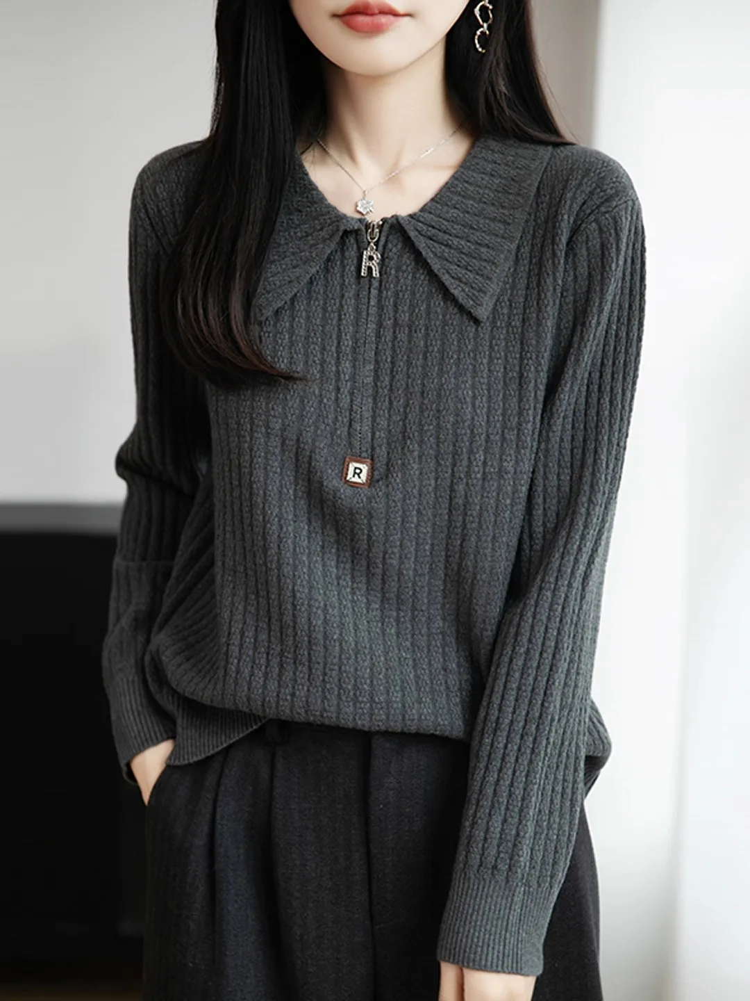 

Women's Knitted Long Sleeve Zipper Neck Warm Base Layer Top Fashionable New Style 2026 Casual Comfortable Inner Wear