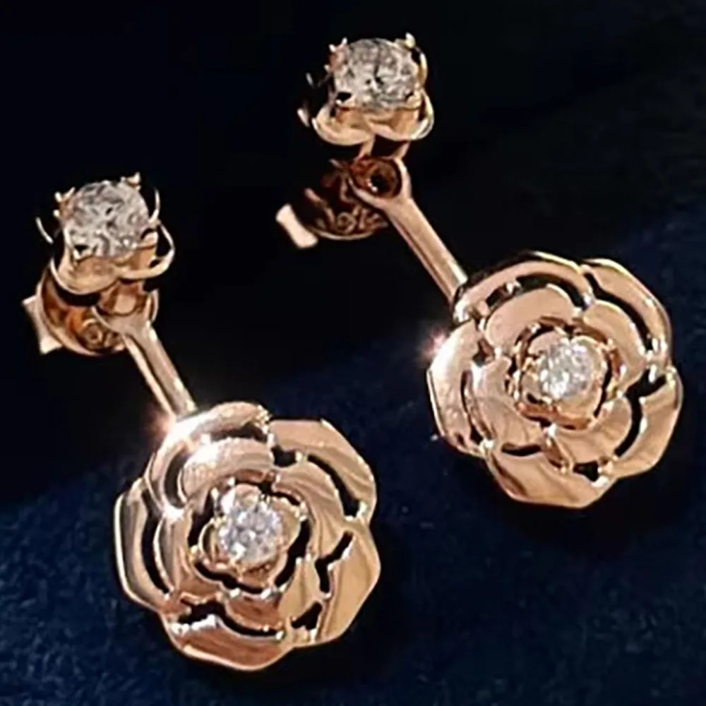 

Custom Solid 18K Rose Gold Women Stud Earrings Rose Flower Wedding Anniversary Engagement Party Moissanite Diamond Drop Earrings