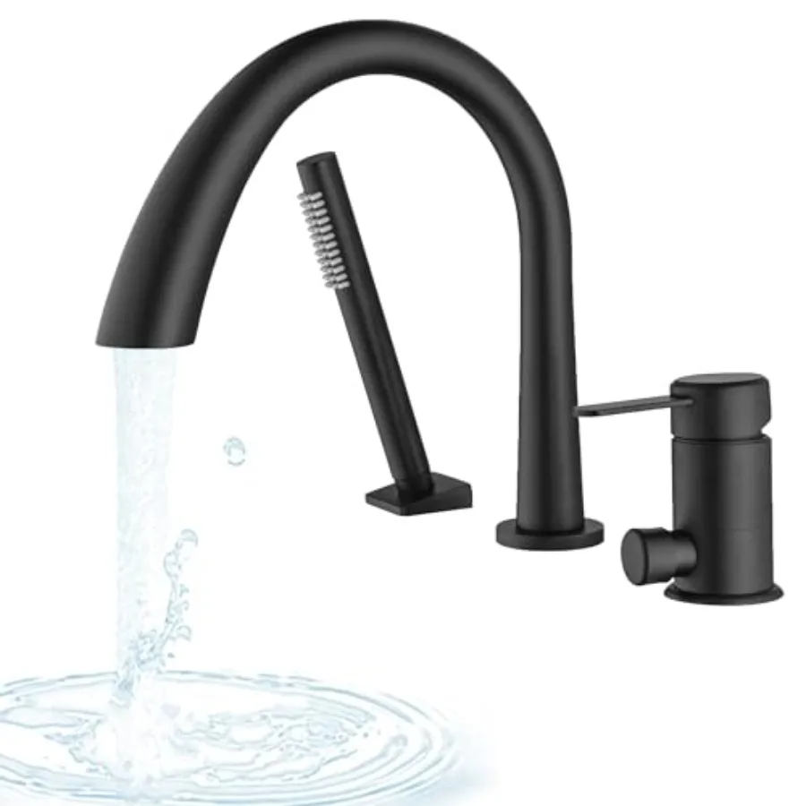 

Roman Tub Faucet with Hand Shower for Bathtub Use, Matte Black All-Metal 3-Hole Deck Mount, High-Flow High-Arch Spout with Spra