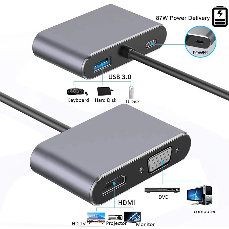 4-in-1 Type C Adapter Hub To HDMI-compatible VGA USB 3.0 Digital AV Multiport Adapter With TYPE-C PD Charging Port Compatible