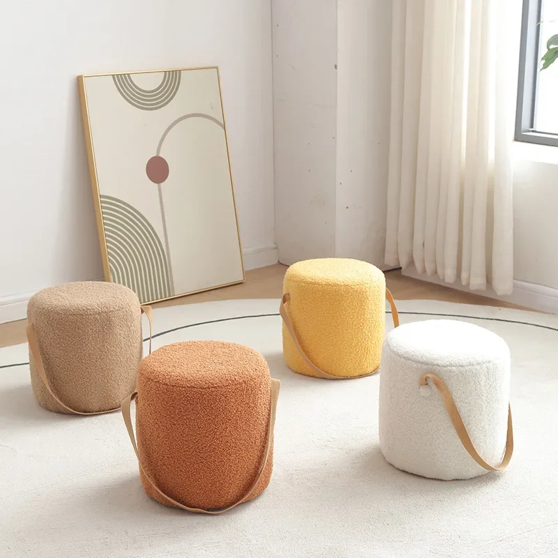 Lamb Velvet Small Round Stool Home Low Stool Living Room Sofa Coffee Table Stool Solid Wood Small