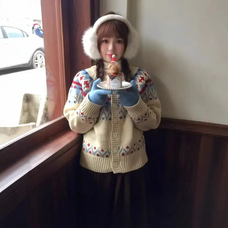 

YYAHAHAS 2025 новый женский зимний свитер контрастного цвета жаккардовый вязаный кардиган свободное толстое пальто дизайн модный топ